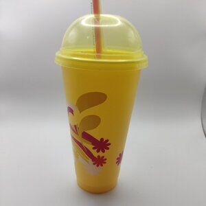 NEW Starbucks Yellow Floral Plastic Tumbler 709ml with Lid and Straw